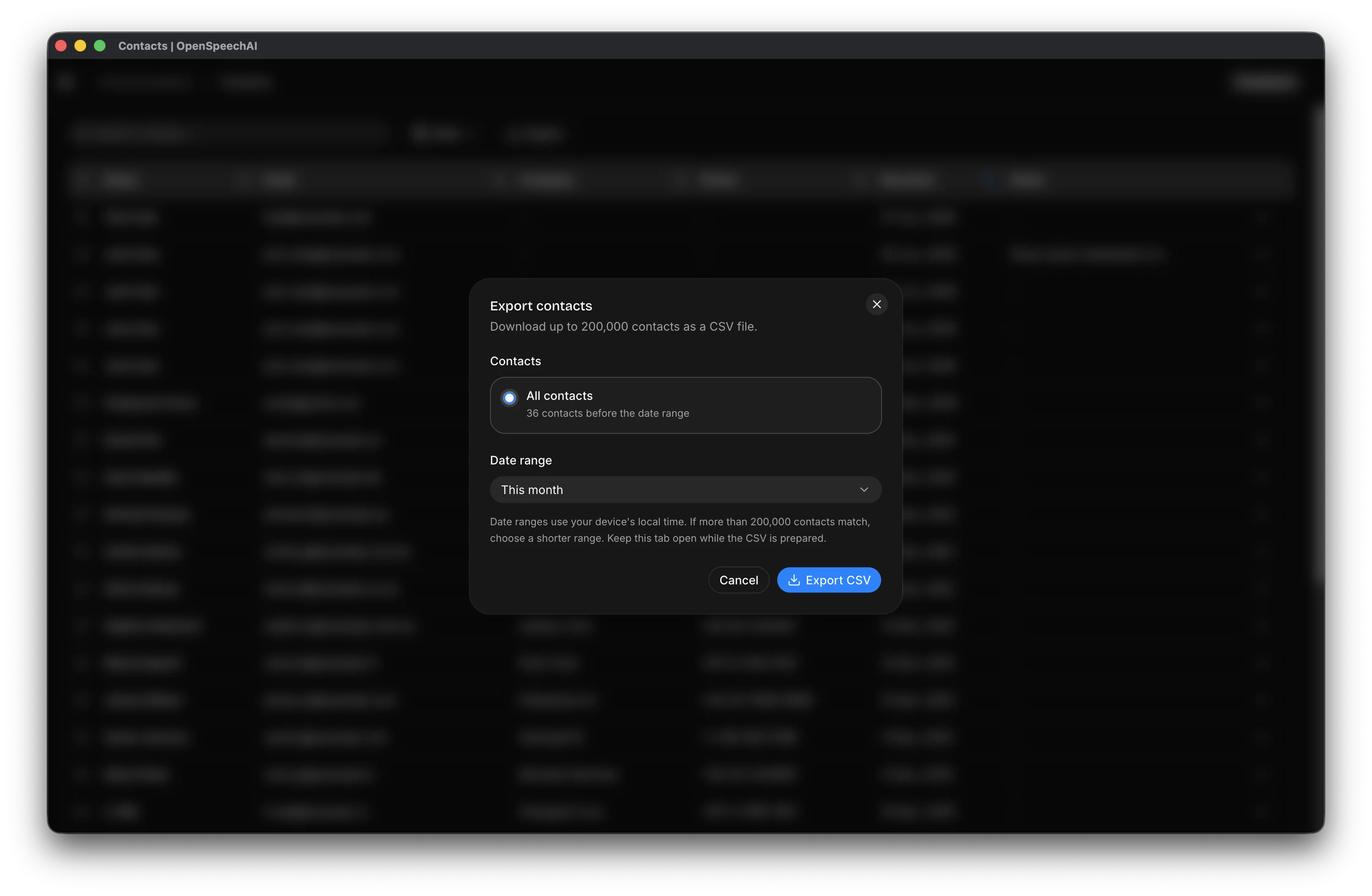 Contact export dialog showing scope, reporting period, custom date range, and contact count