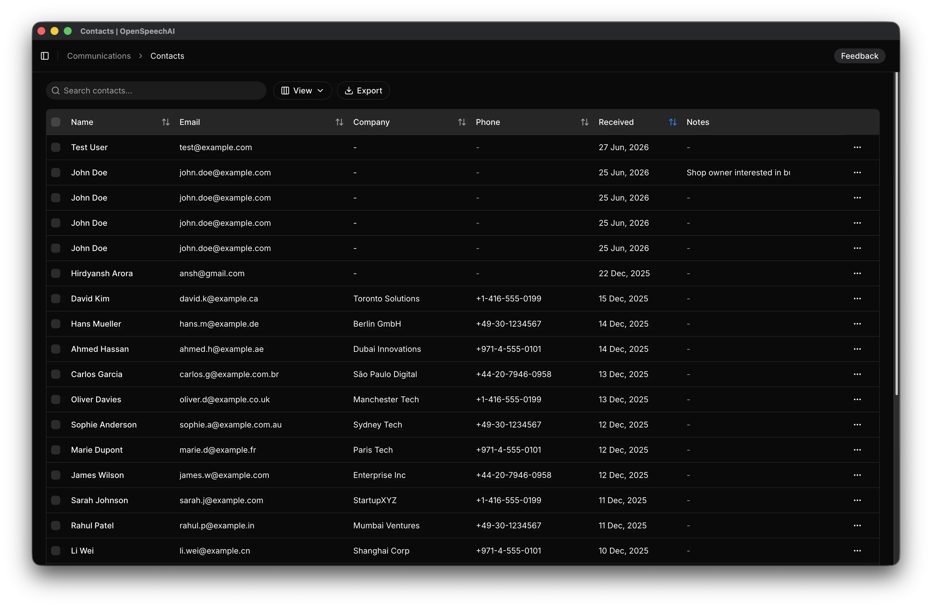 Contacts table showing search, column controls, selectable rows, contact information, and actions