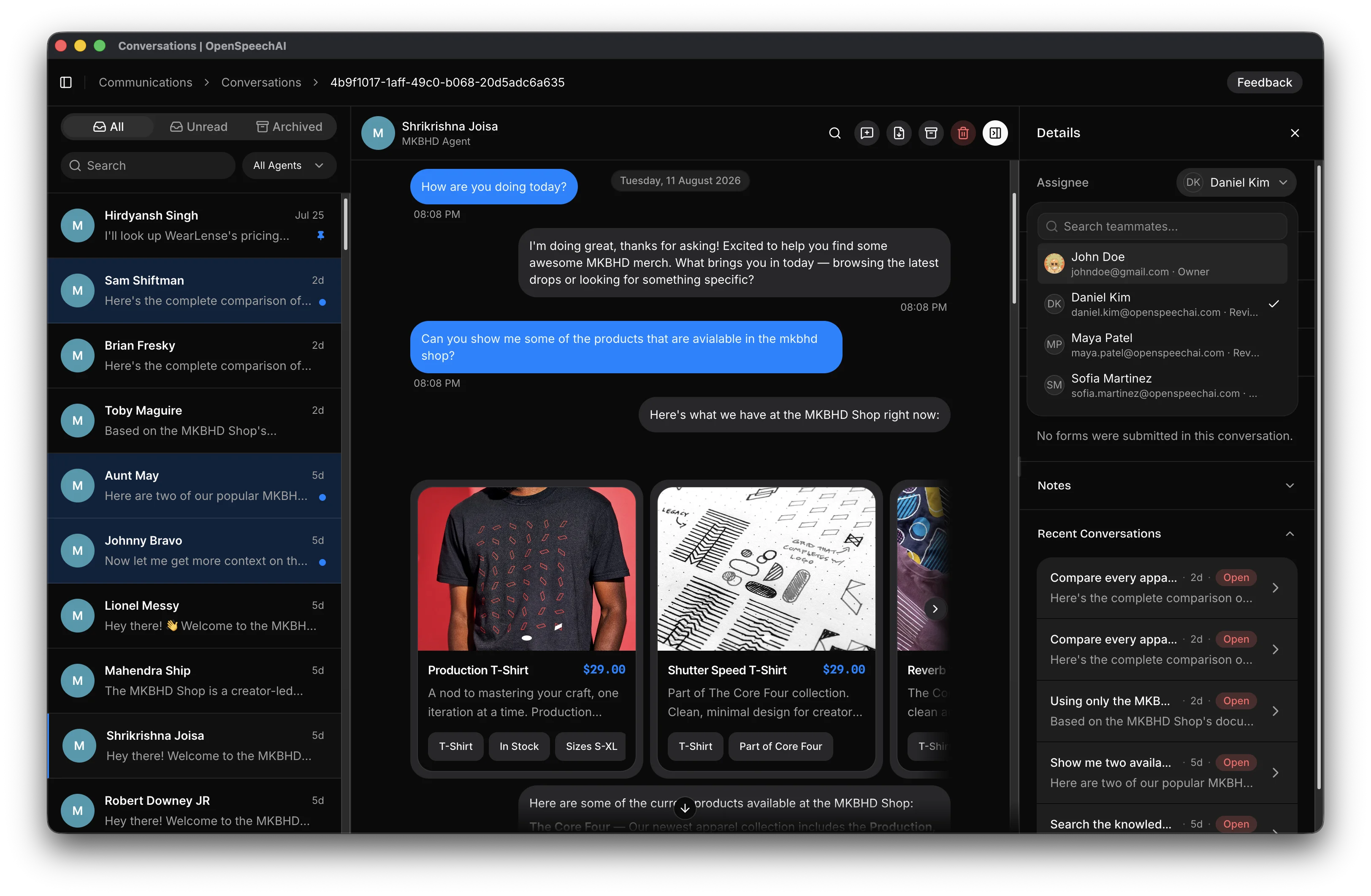 Conversation details panel with the searchable assignee picker open