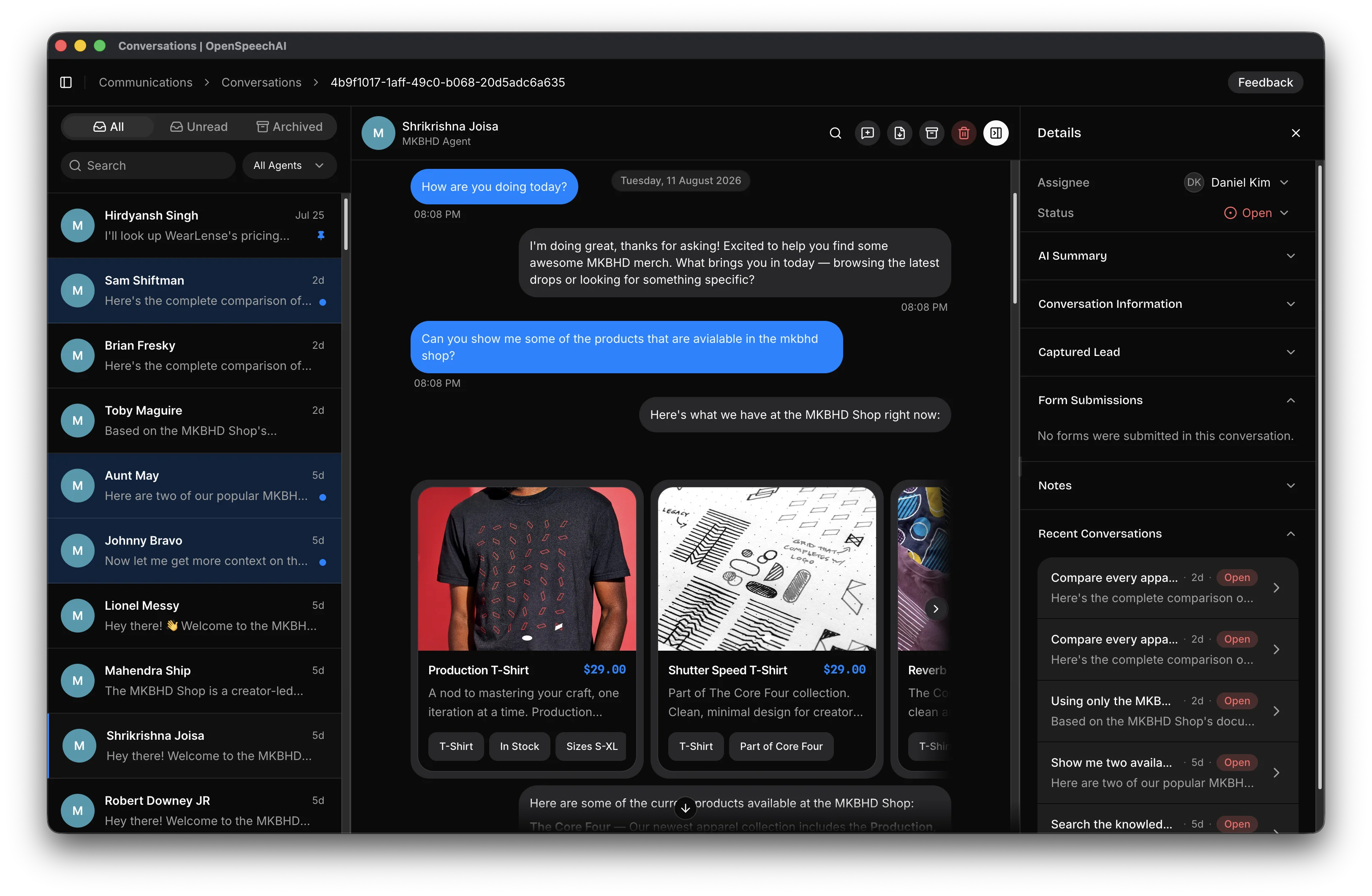 Conversation inbox showing search and filters, the conversation list, the active thread, and the details panel