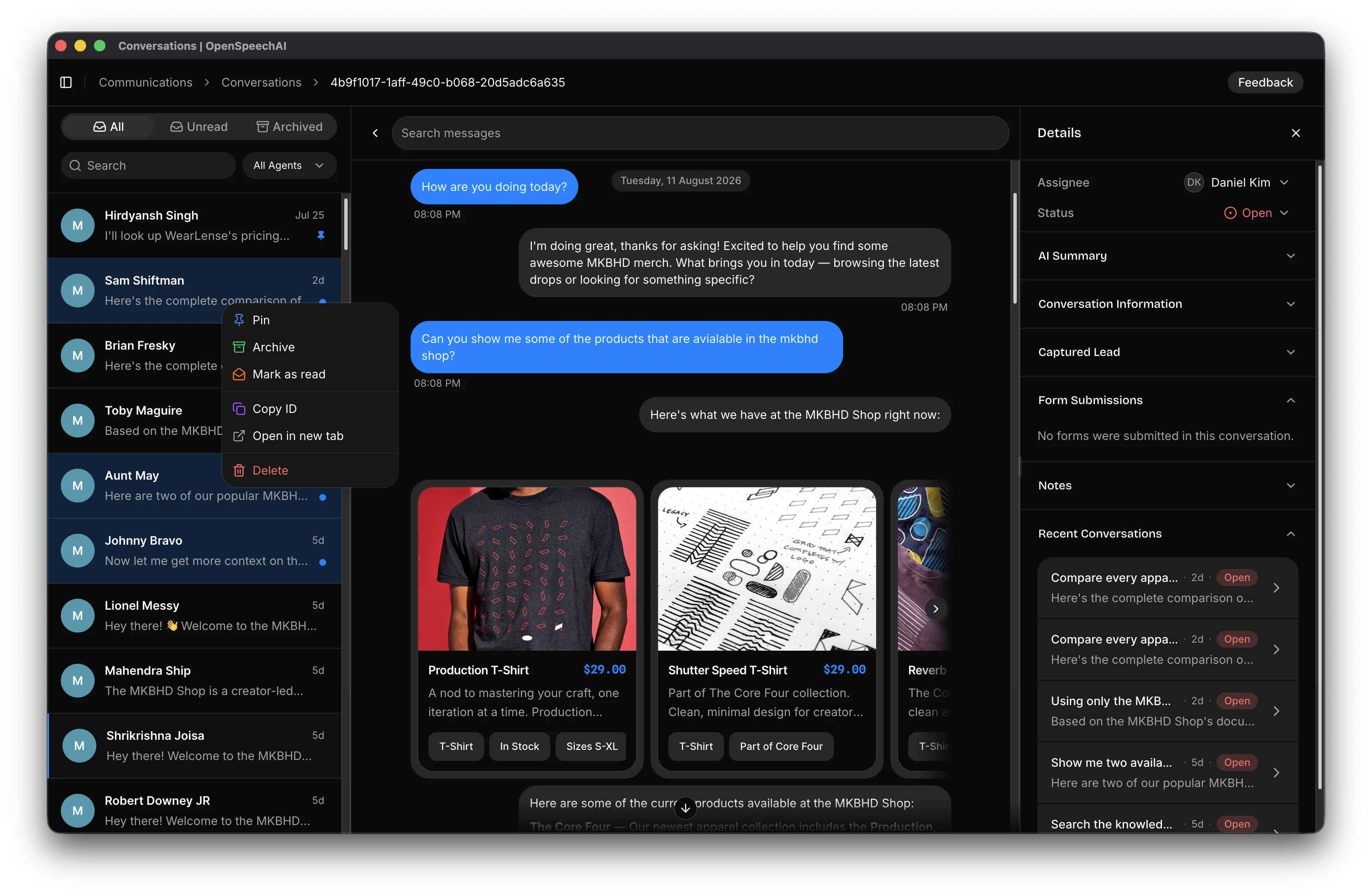 Conversation action menu showing read, pin, archive, and delete controls