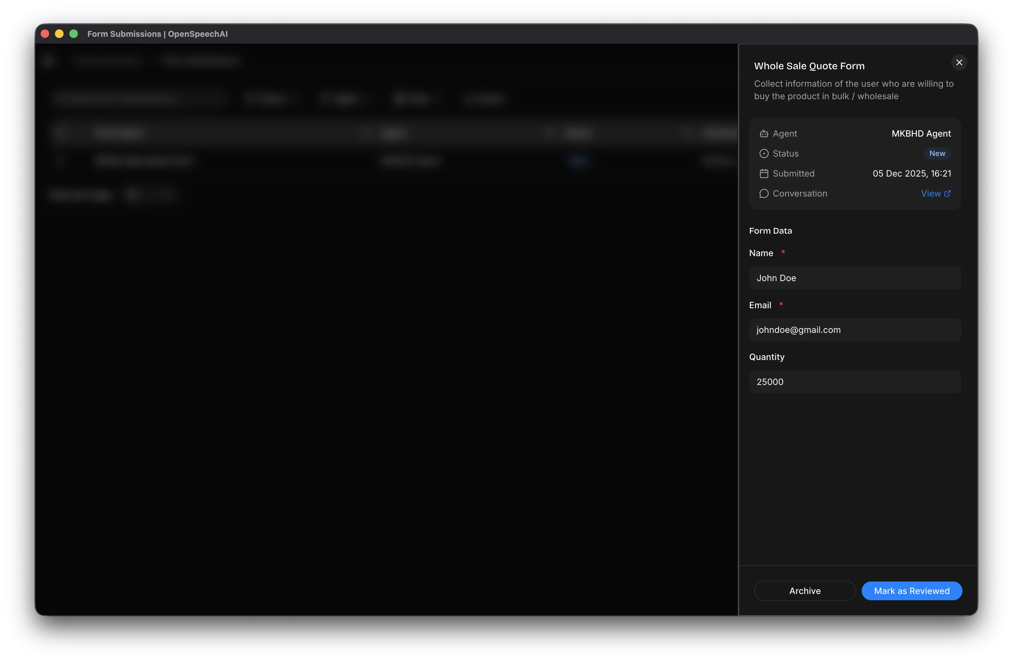 Form submission detail sheet showing agent, status, submitted time, originating conversation link, and form fields
