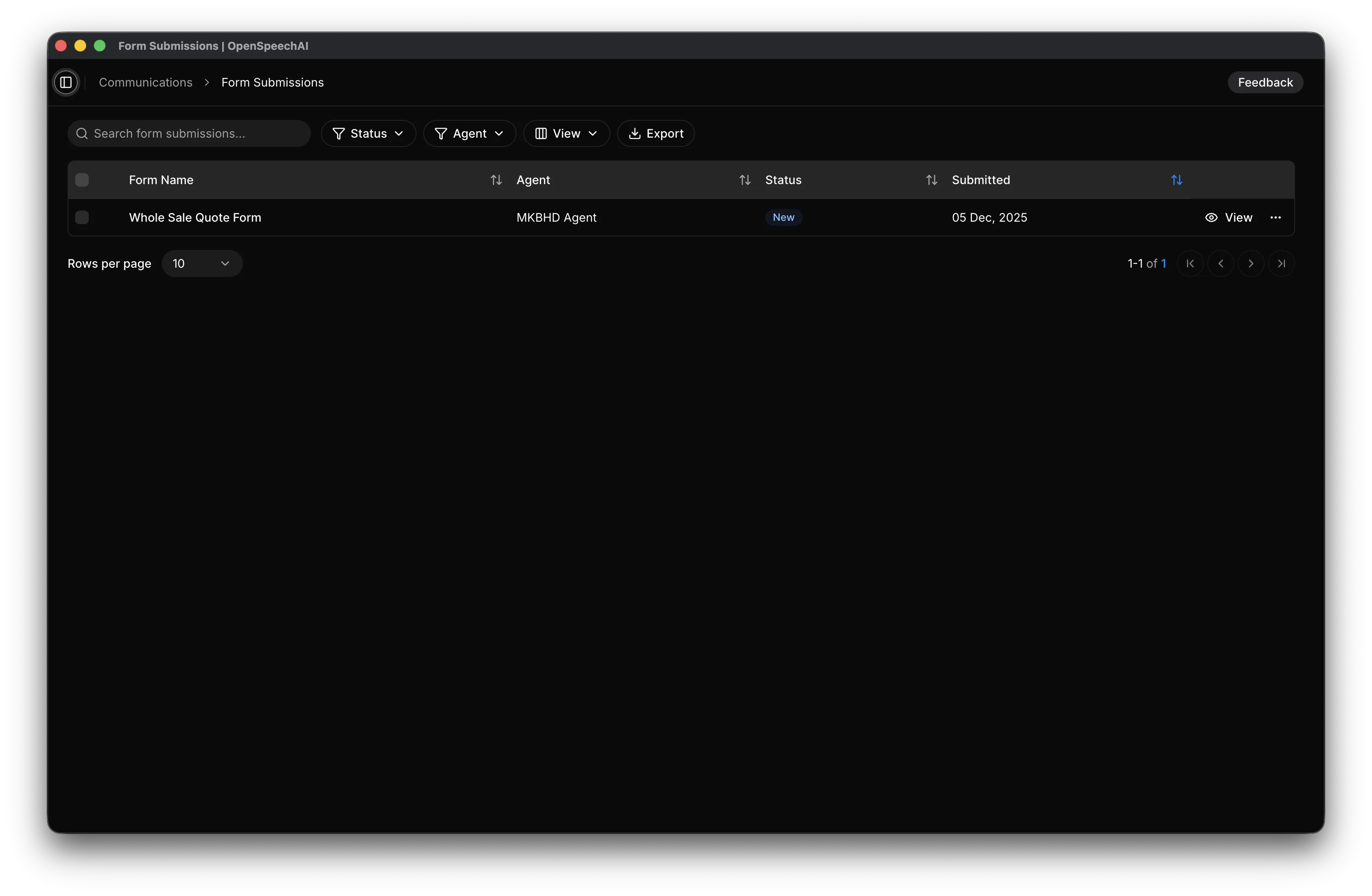Form Submissions table showing search, status filters, agent filters, and submission rows