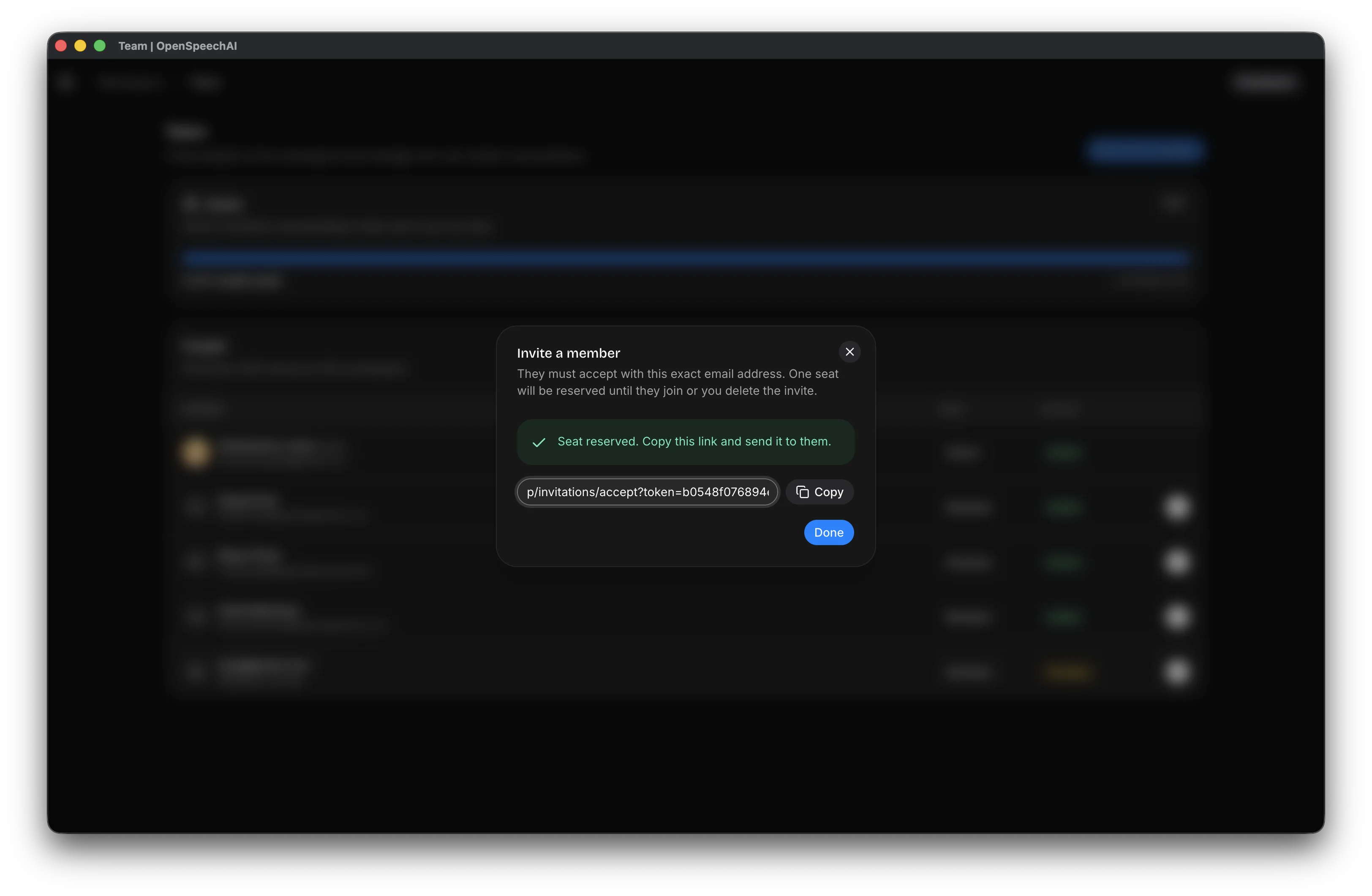 Successful invitation state with the copyable invitation link visible
