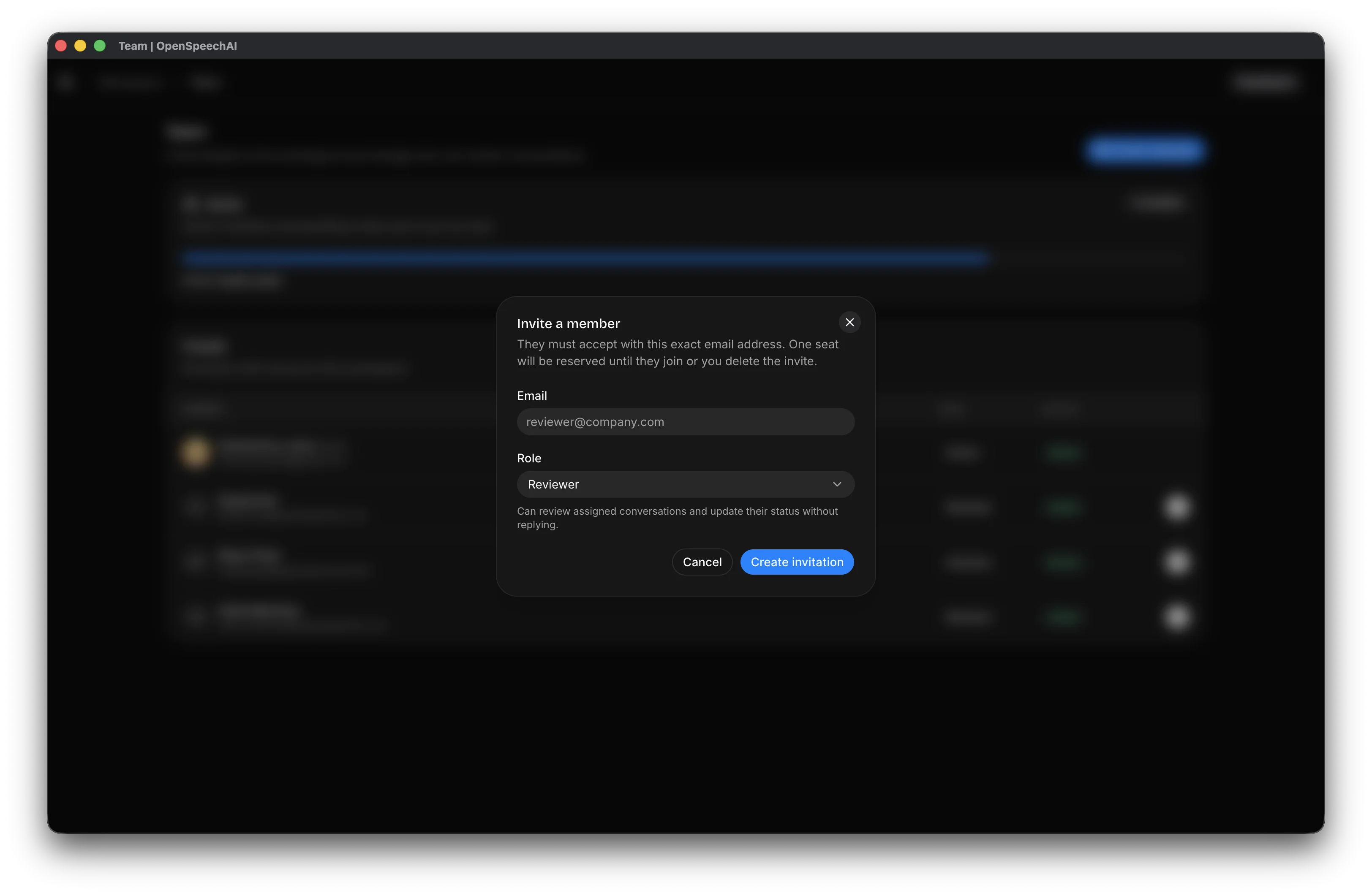 Invite seat user dialog with email and access fields completed