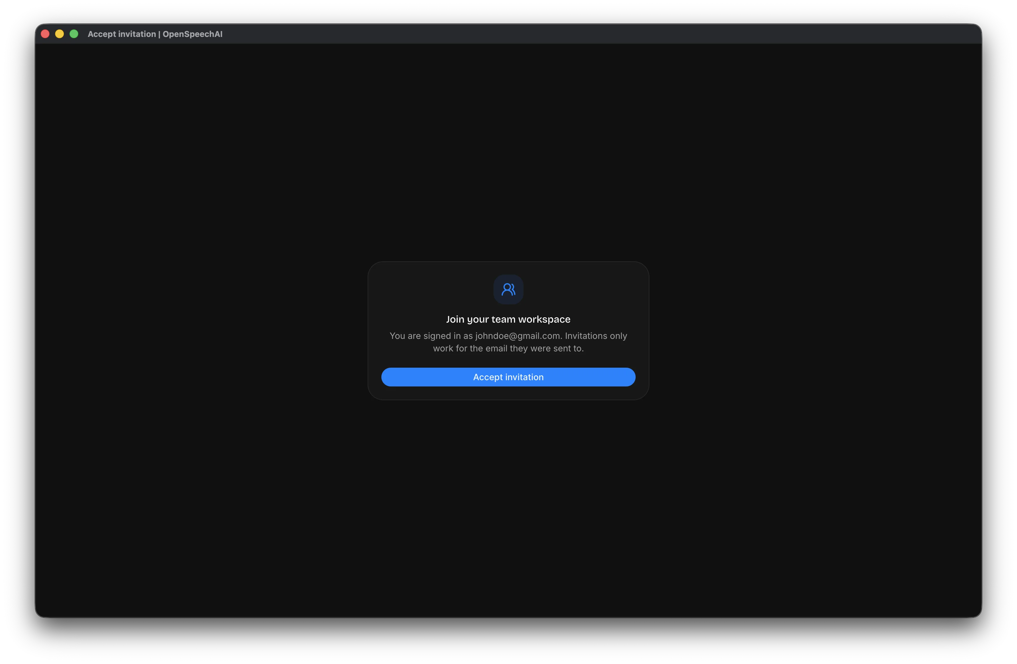 Invitation acceptance page showing the workspace, invited role, signed-in email, and Accept invitation button