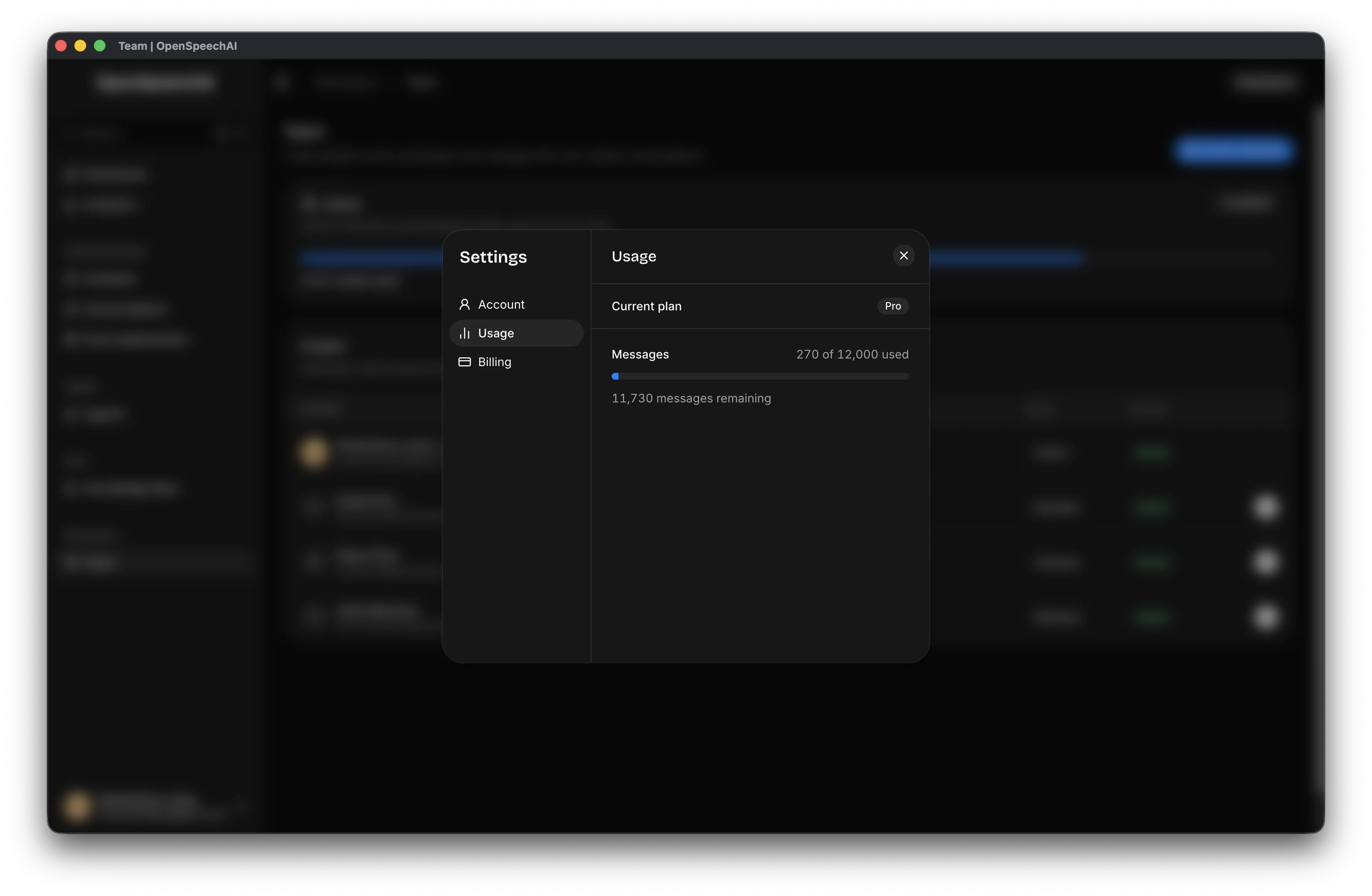 Settings dialog showing the active workspace name, workspace type, current role, and plan