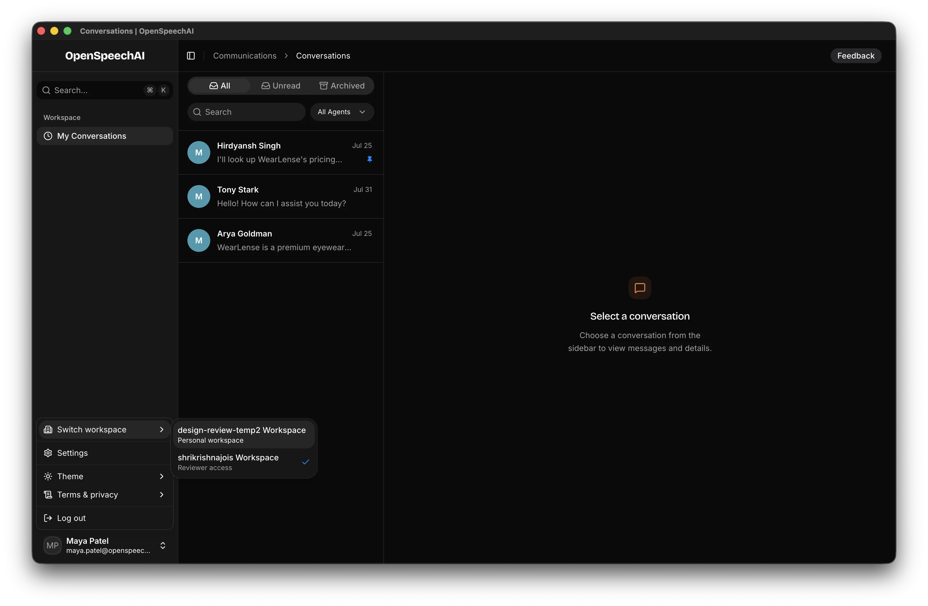 User menu with Switch workspace open and the available workspace list visible